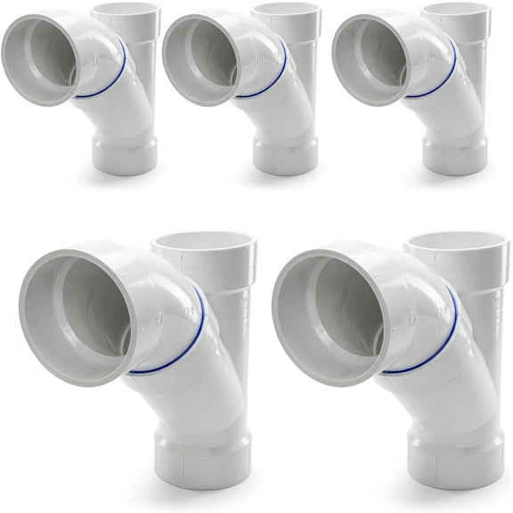 4" x 4" x 3" PVC DWV 2-Piece Combination Wye & 1/8 Bend 45° Elbow Reducing Hub, White PVC Drain, (5 Pack)
