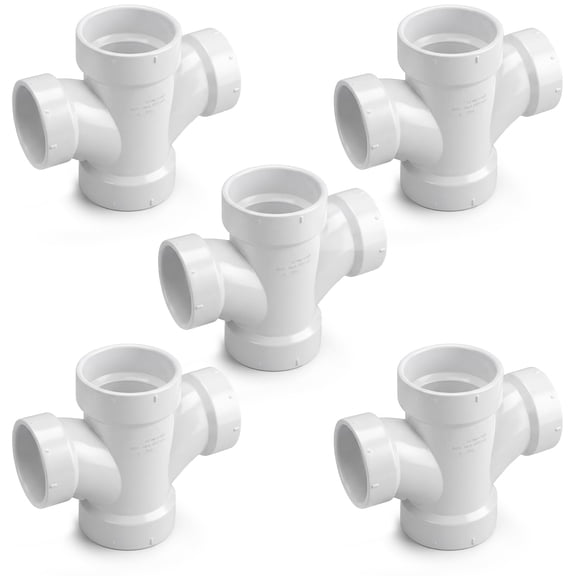 4" x 4" x 3" x 3" White PVC DWV Double Sanitary Tee Reducing Hub PVC Drain, Waste & Vent Fitting, (5 Pack)