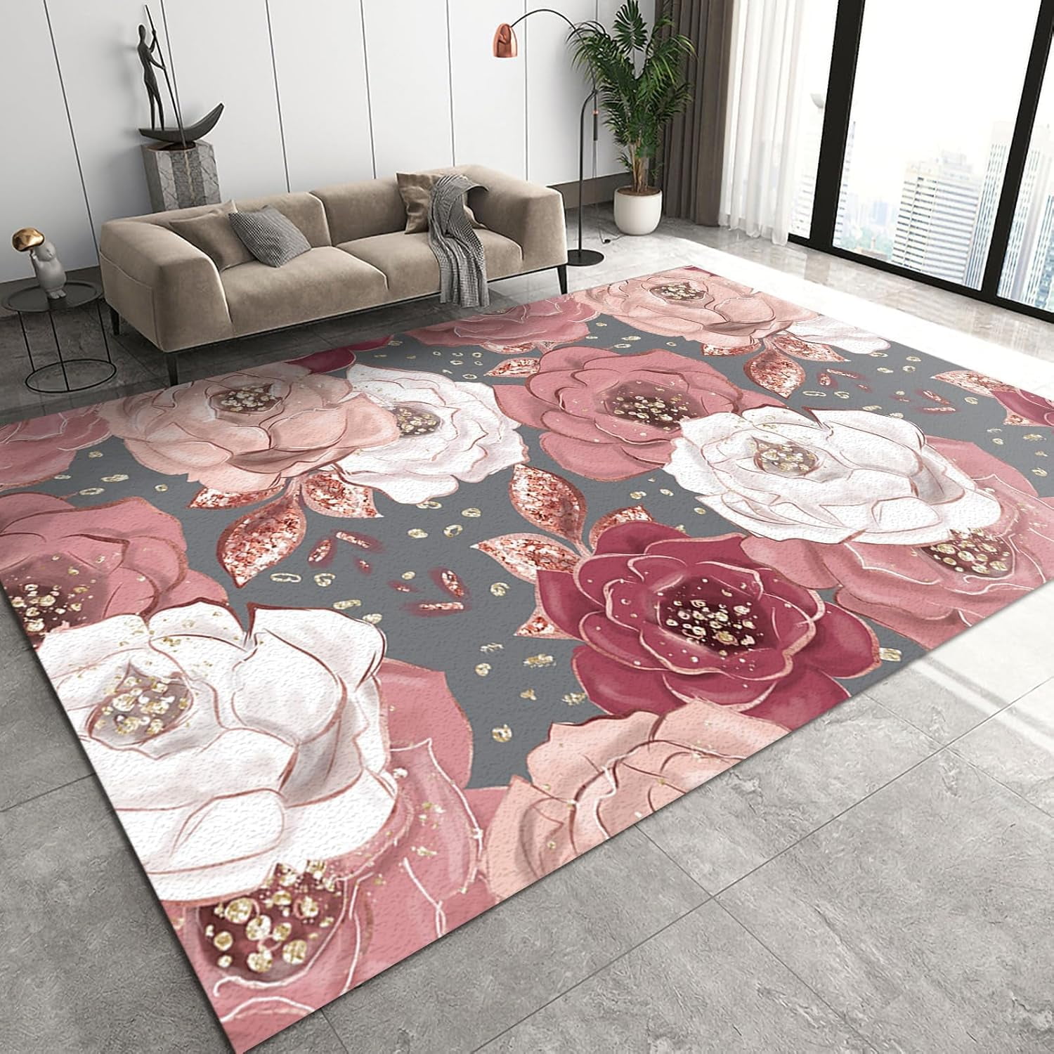 4' x 5' Watercolor Roses Floral Leaves Rug for Living Room Bedroom ...