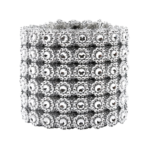 4"x 5 Yard Silver Faux Diamond Mesh Wrap Roll Flower Shape Rhinestone Crystal Ribbon for Wedding Holiday Birthday Party Decor and DIY Craft