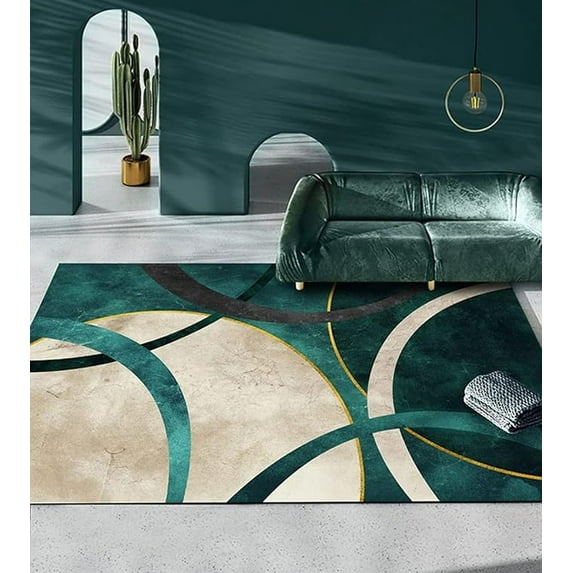 4 x 5ft Beige Green Geometric Area Rug, Modern Wavy Circles Indoor Rugs With Anti-Slip Backing Durable Not Falling Off Carpet For Living Room Bedroom Dining Room