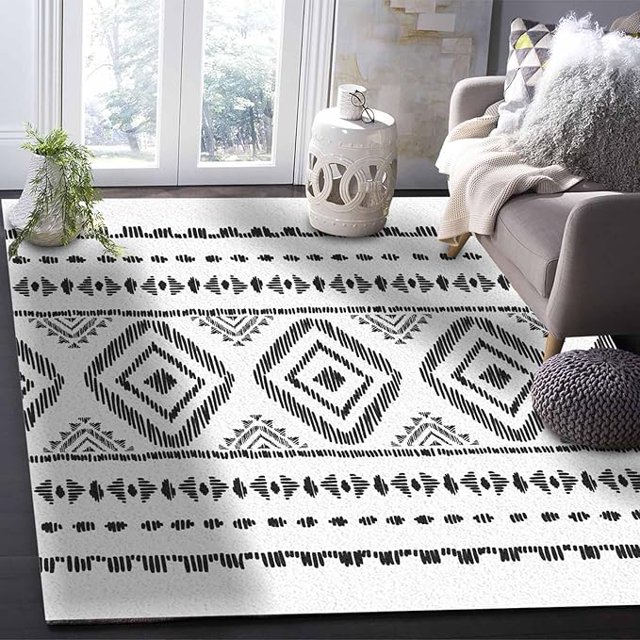 4 x 5ft Black White Boho Area Rug, Modern Outdoor Living Room Bedroom