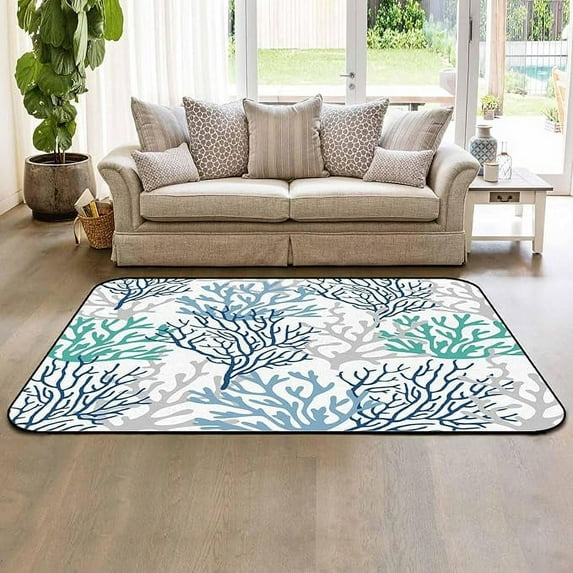 4 x 5ft Blue Teal Grey Coral Coastal Area Rugs For Living Room, Large Indoor Outdoor Area Rug, Beach Nautical Ocean Kitchen Runner Carpet Floor Mats Throw Accent Rugs For Bedroom