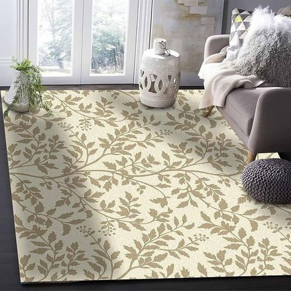 4 x 5ft Botanical Beige Area Runner Rug Carpet,Outdoor Indoor Kitchen Living Room Bedroom Bath Rug,Doormat Desk Welcome Floor Door Mat,Country Pastoral Floral Flower Leaf Plant