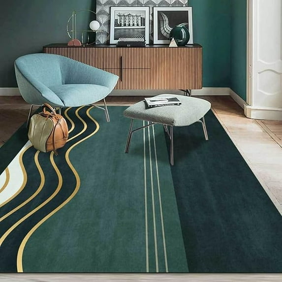 4 x 5ft Emerald Green Gold Striped Area Rugs, Waves Abstract Modern Indoor Non-Slip Floor Carpet, Soft Machine Washable Rug For Decor Living Room Bedroom Home