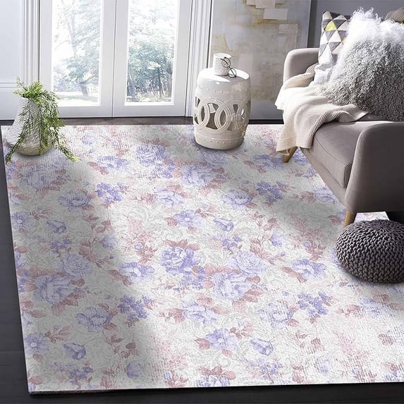 4 x 5ft Floral Pink Area Rug For Living Room Modern Rug Washable Abstract Area Rug Large Vintage Flowers Leaves Texture Purple Floor Carpet Mat Soft Indoor Rug For Bedroom Nursery Office
