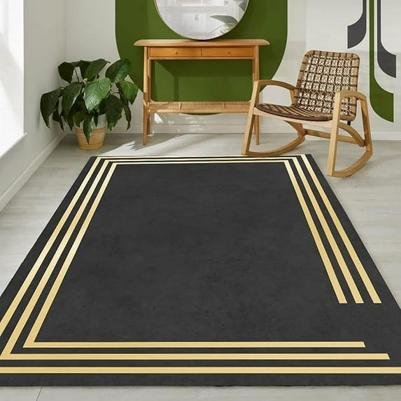 4 x 5ft Gold Black Area Rug For Living Room Bedroom, Contemporary Art Rug Non-Slip Carpet Non-Shedding For Kids Nursery Room Washable Rug 