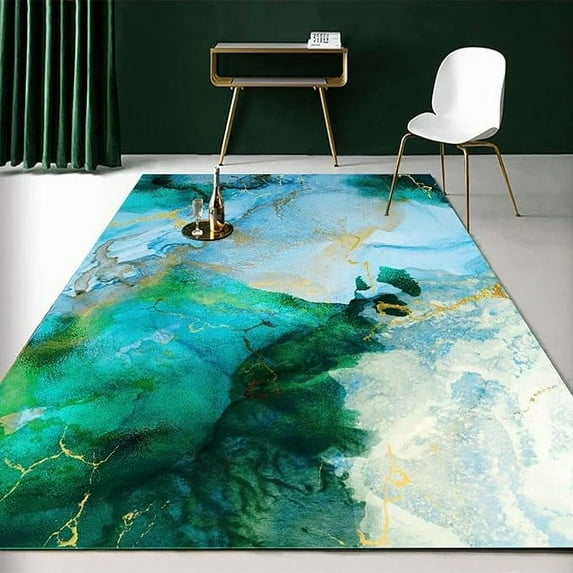4 x 5ft Green Marble Liquid Area Rug For Living Room Bedroom, Minimalist Simple Style Rectangular Area Rugs Non-Slip Rug Washable Indoor Carpets For Dorm Office
