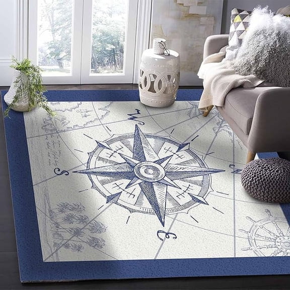 4 x 5ft Nautical Compass Area Rug, Modern Outdoor Living Room Bedroom Area+Rug Carpet, Kitchen Rug Bath Mat Front Porch Floor Runner Rugs, Retro Sailing Map Tropical Palm Tree Navy