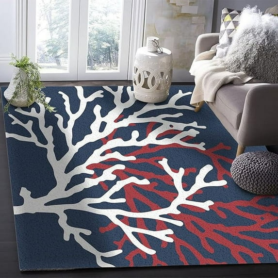4 x 5ft Ocean Coral Area Rug - Modern Outdoor Living Room Bedroom Area+Rug Carpet, Kitchen Rug Bath Mat Front Porch Floor Doormat Runner Rugs Navy Blue Summer Nautical Beach Sea