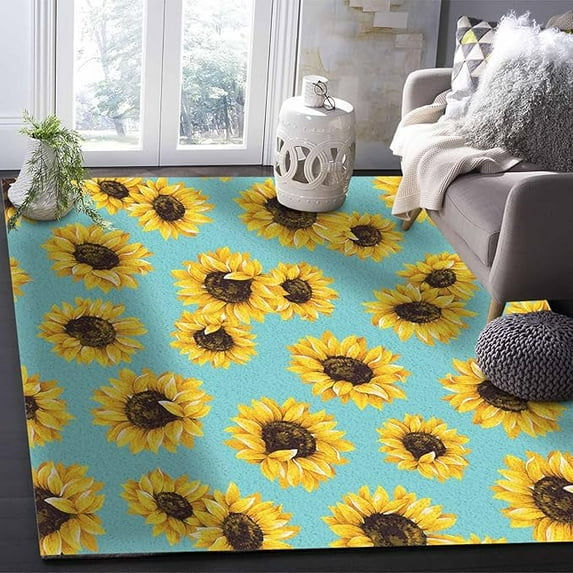4 x 5ft Rectangular Area Rug For Living Room, Bedroom, Sunflowers Non-Slip Residential Carpet, Kitchen Rugs, Teal Yellow Spring Floral Summer Botanical Floor Mat With Rubber Backing