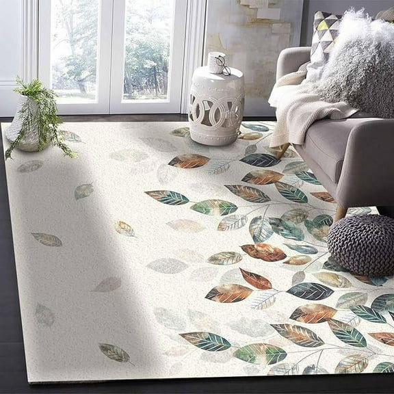 4 x 5ft Rectangular Area Rug For Living Room, Bedroom, Teal Brown Botanical Non-Slip Residential Carpet, Kitchen Rugs, Pastoral Fall Weeping Maple Leaf Floor Mat With Rubber Backing