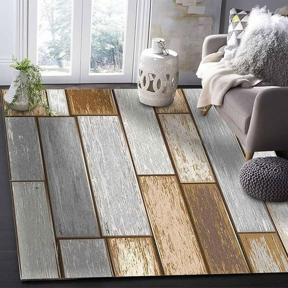 4 x 5ft Rustic Farmhouse Area Rug, Modern Outdoor Living Room Bedroom Area+Rug Carpet, Kitchen Rug Bath Mat Front Porch Floor Doormat Runner Rugs, Brown Grey Vintage Hardwood Plank
