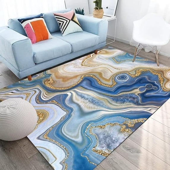 4 x 5ft Turquoise Blue Marble Area Rug, Modern Abstract Swirl Indoor Rug Non-Slip Machine Washable Carpet For Living Room Bedroom Dining Room