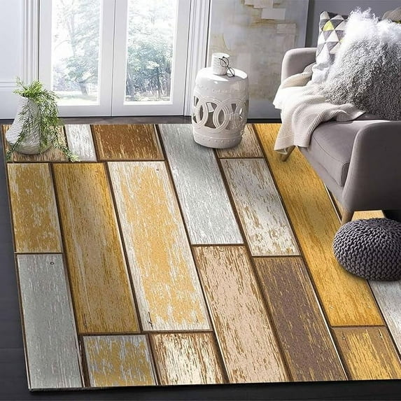 4 x 5ft Wood Brown Area Rug, Modern Outdoor Living Room Bedroom Area+Rug Carpet, Kitchen Rug Bath Mat Front Porch Floor Doormat Runner Rugs, Farmhouse Planks Barn Antique Orange