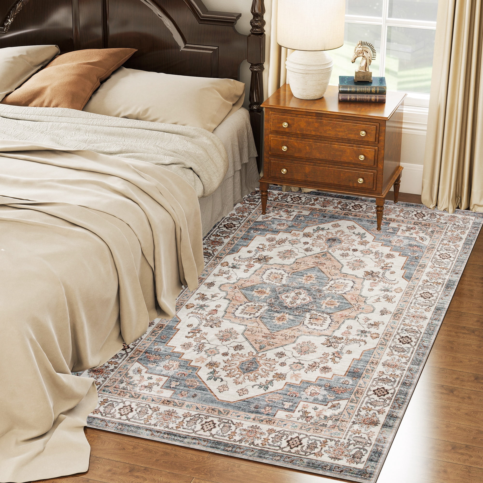 4' x 6' Area Rug, Vintage Pattern Rug with Anti-Slip TPR Backing, Soft Floor Carpet for High Traffic Living Room, Easy to Clean