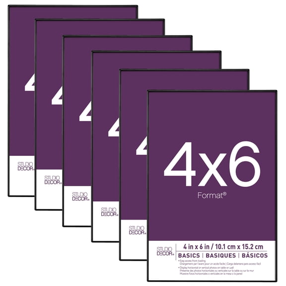 Studio Decor 4" x 6"Black Frame, Basics - Thin Profile Design, Wall & Tabletop Display, Snap-In Easel, Plastic & Glass, 6 Pack