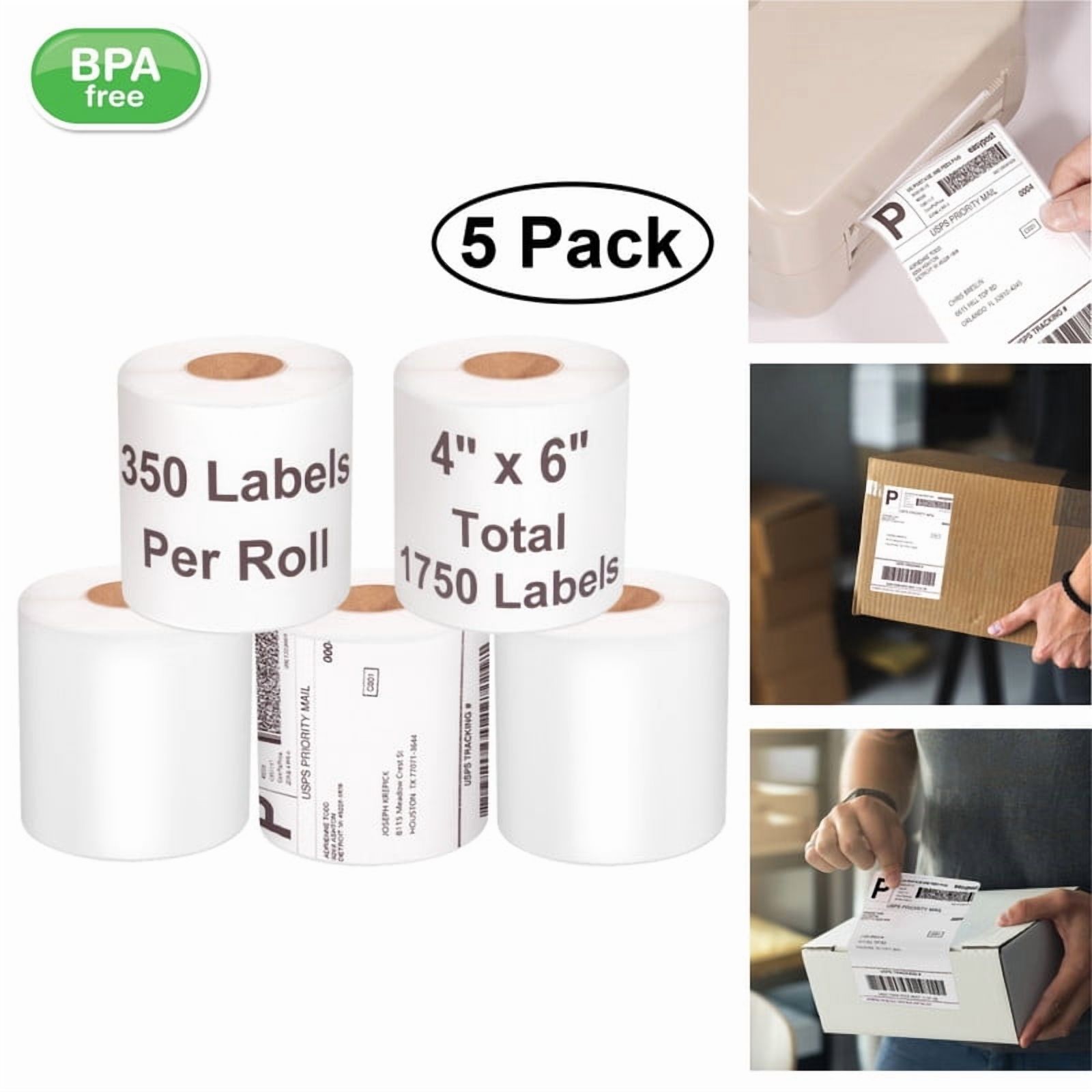 4" x 6" Blank Thermal Shipping Labels, 5 Rolls of 350 Labels Each, for Zebra ZP-450 ZP-500 ZP-505 2844 Printers, Self-Adhesive Postage Labels