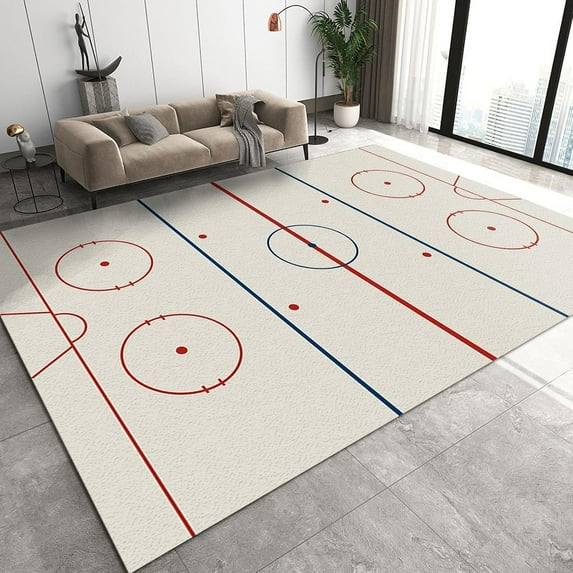 4' x 6' Blue Red Ice Hockey Rink Rug for Living Room Bedroom, Simple Sports Enthusiast Home Indoor Area Rug, Non Slip Noise Reduction Carpet for Front Entrance Floor Decor