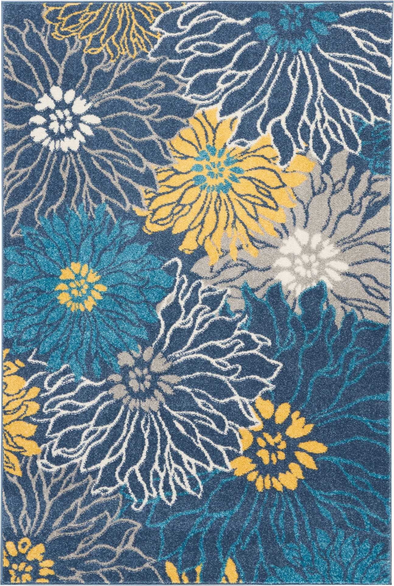 4' x 6' Blue and Gold Floral Synthetic Area Rug