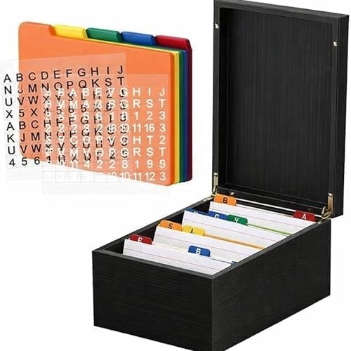 4 x 6 Inch Index Card Holder Set, Bamboo Organizer Box with 50 Dividers & 2 Sheets Alphabet Number Stickers File Note Holders, Holds 1200 Cards for Office Business Home Kitchen, Black