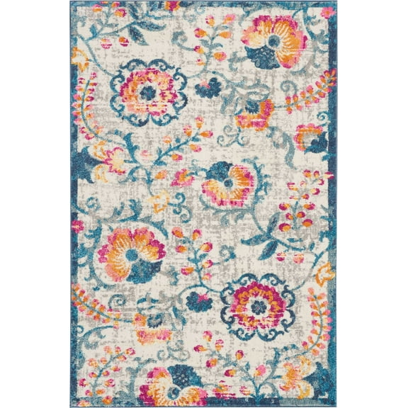 4â€™ x 6â€™ Ivory and Blue Floral Vines Area Rug