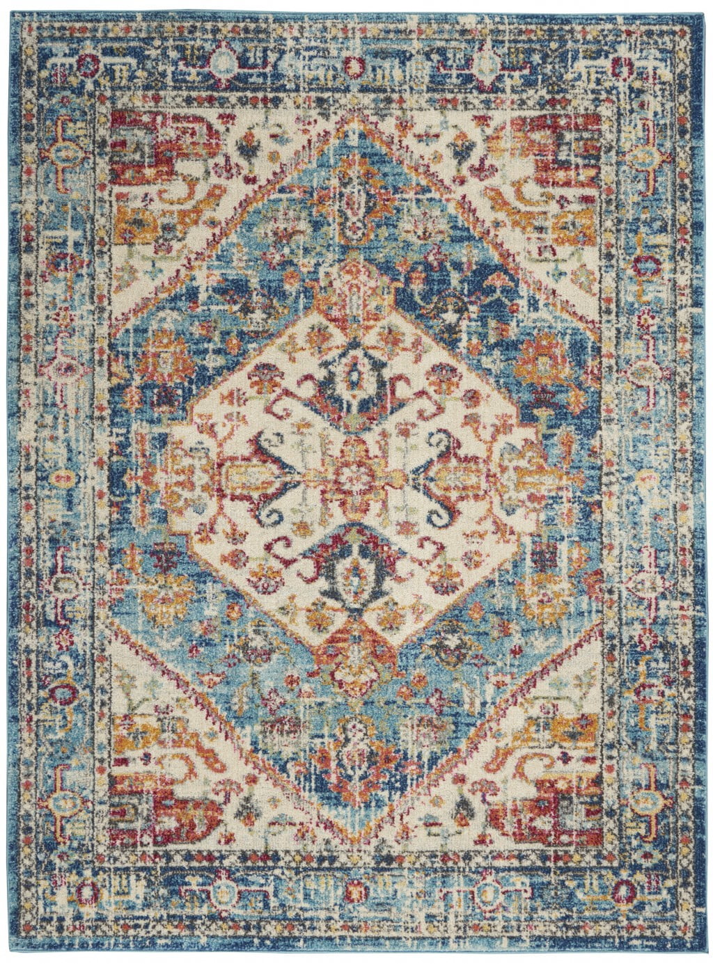 Handmade Ivory and Blue Synthetic Round Area Rug