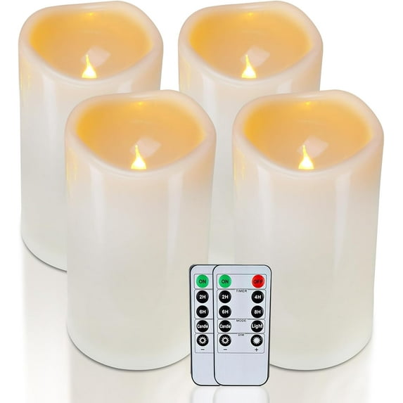 4" x 6" Large Waterproof Outdoor Flameless Candles, Battery Operated Flickering LED Pillar Candles with Remote and Timers for Indoor Outdoor Lanterns, Long Lasting, Dark Ivory, Set of 4