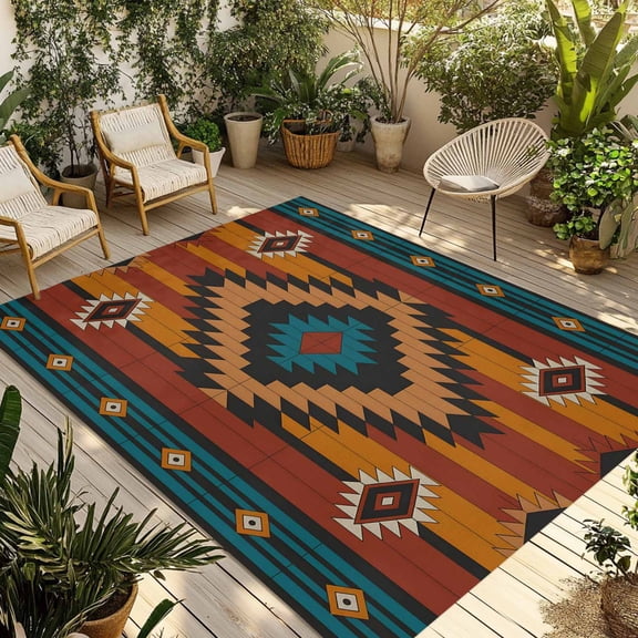 4' x 6' Outdoor Rug, Aztec Southwest Outdoor Washable Rug Large Floor Carpet, Vintage Geometric Farmhouse Art Non Shedding Area Rug for Outside Patio RV Porch Deck Balcony Camping Living Room