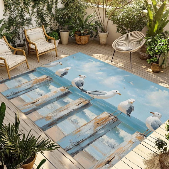 4' x 6' Outdoor Rug, Beach Seagull Outdoor Washable Rug Large Floor Carpet, Birds Rustic Wood Watercolor Painted Non Shedding Area Rug for Outside Patio RV Porch Deck Balcony Camping Living Room