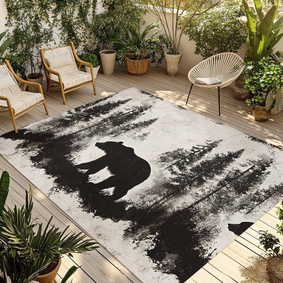 4' x 6' Outdoor Rug, Black Bear Outdoor Washable Rug Large Floor Carpet, Vintage Rustic Wildlife Forest Woodland Non Shedding Area Rug for Outside Patio RV Porch Deck Balcony Camping Living Room