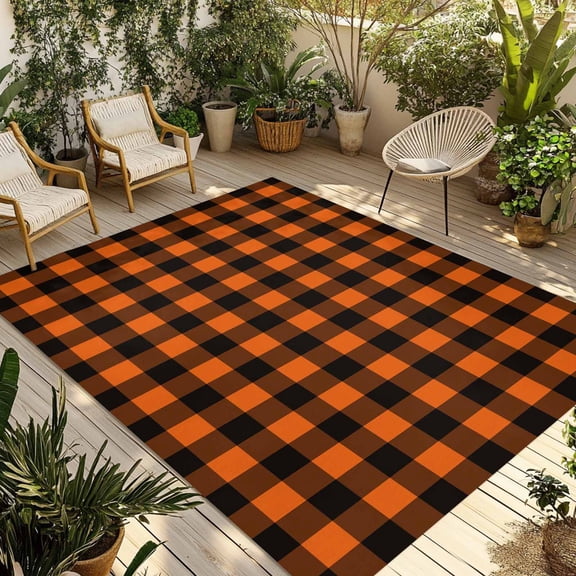 4' x 6' Outdoor Rug, Black Orange Plaid Outdoor Washable Rug Large Floor Carpet, Farmhouse Buffalo Check Gingham Non Shedding Area Rug for Outside Patio RV Porch Deck Balcony Camping Living Room