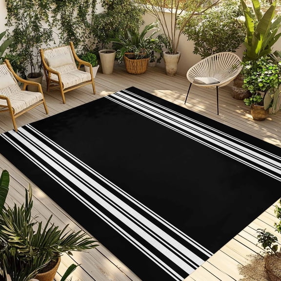 4' x 6' Outdoor Rug, Black Striped Outdoor Washable Rug Large Floor Carpet, Farmhouse Black White Stripes Non Shedding Area Rug for Outside Patio RV Porch Deck Balcony Camping Living Room