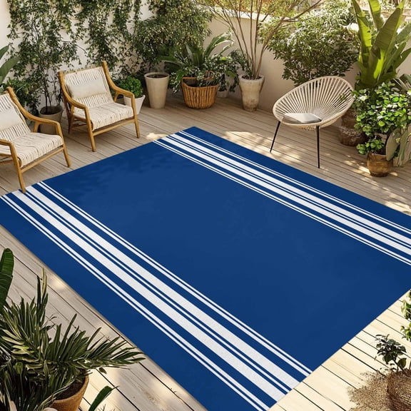 4' x 6' Outdoor Rug, Blue Striped Outdoor Washable Rug Large Floor Carpet, Farmhouse Blue White Stripes Non Shedding Area Rug for Outside Patio RV Porch Deck Balcony Camping Living Room