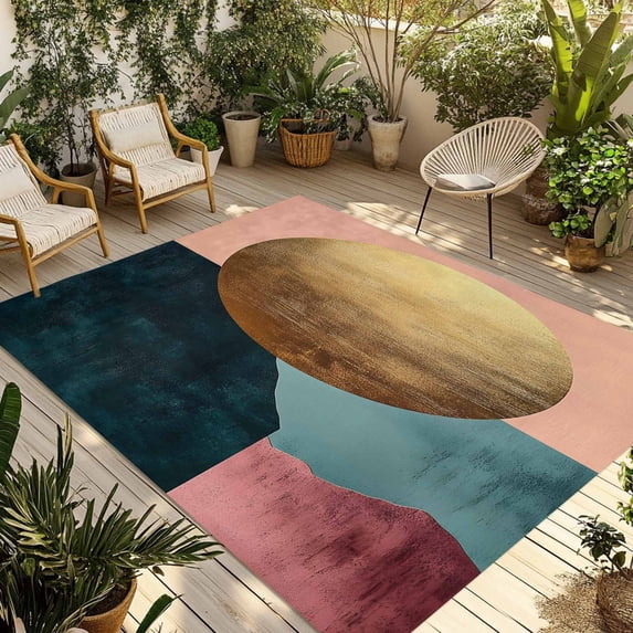 4' x 6' Outdoor Rug, Boho Geometric Outdoor Washable Rug Large Floor Carpet, Modern Abstract Gold Circle Art Non Shedding Area Rug for Outside Patio RV Porch Deck Balcony Camping Living Room