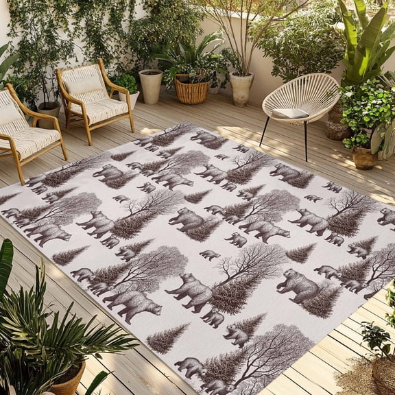 4' x 6' Outdoor Rug, Brown Bear Outdoor Washable Rug Large Floor Carpet, Hunting Bear Forest Wildlife Animals Vintage Non Shedding Area Rug for Outside Patio RV Porch Deck Balcony Camping Living Room