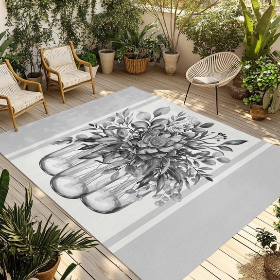 4' x 6' Outdoor Rug, Eucalyptus Gray Outdoor Washable Rug Large Floor Carpet, Stripes Bottle Flower Cactus Plant Non Shedding Area Rug for Outside Patio RV Porch Deck Balcony Camping Living Room