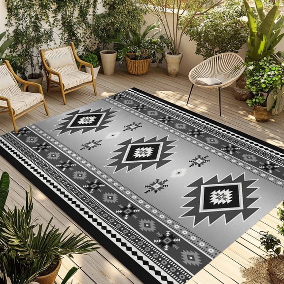 4' x 6' Outdoor Rug, Gray Aztec Outdoor Washable Rug Large Floor Carpet, Bohemian Southwest Country Ethnic Art Non Shedding Area Rug for Outside Patio RV Porch Deck Balcony Camping Living Room