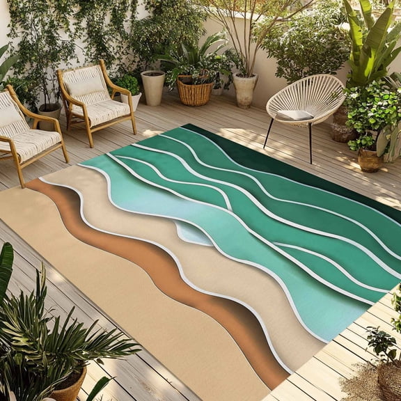 4' x 6' Outdoor Rug, Green Beach Outdoor Washable Rug Large Floor Carpet, Abstract Stripes Gradient Ocean Brown Sand Non Shedding Area Rug for Outside Patio RV Porch Deck Balcony Camping Living Room