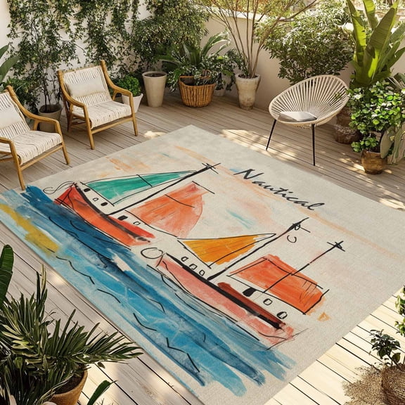 4' x 6' Outdoor Rug, Nautical Boat, Outdoor Washable Rug Large Floor Carpet, Coastal Sailing Ship Ocean Painted Sea Non Shedding Area Rug for Outside Patio RV Porch Deck Balcony Camping Living Room