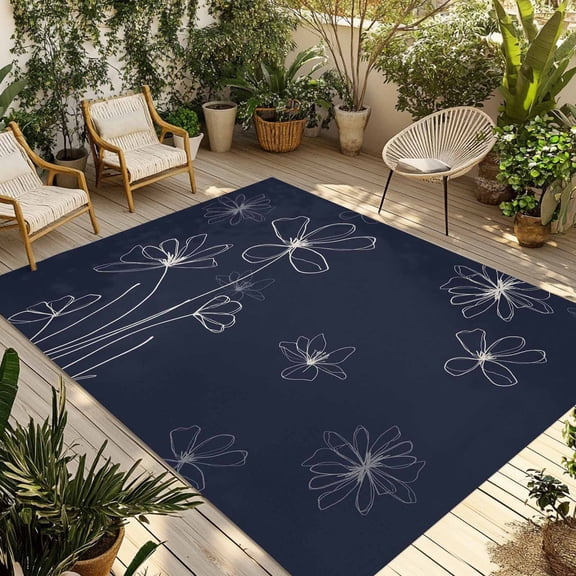 4' x 6' Outdoor Rug, Navy Blue Outdoor Washable Rug Large Floor Carpet, Spring Flora Non Shedding Area Rug for Outside Patio RV Porch Deck Balcony Camping Living Room