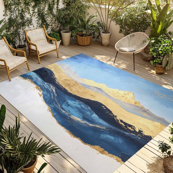 4' x 6' Outdoor Rug, Navy Blue Yellow Outdoor Washable Rug Large Floor Carpet, Oil Painted Art Mountain Non Shedding Area Rug for Outside Patio RV Porch Deck Balcony Camping Living Room