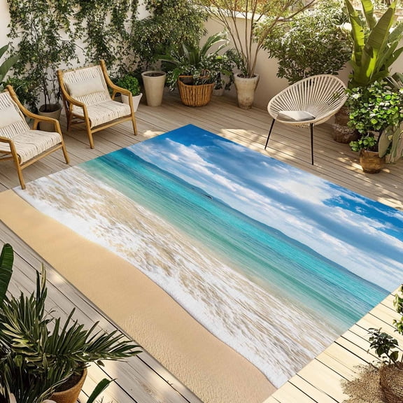 4' x 6' Outdoor Rug, Ocean Beach Outdoor Washable Rug Large Floor Carpet, Blue Sky Waves Sand Horizon Shore Summer Non Shedding Area Rug for Outside Patio RV Porch Deck Balcony Camping Living Room