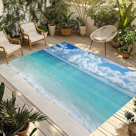 4' x 6' Outdoor Rug, Ocean Blue Outdoor Washable Rug Large Floor Carpet, Beach Nature Coast Sea Shore Sky Seawater Non Shedding Area Rug for Outside Patio RV Porch Deck Balcony Camping Living Room