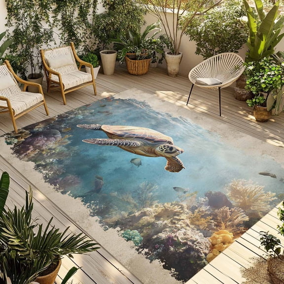 4' x 6' Outdoor Rug, Ocean Turtle Outdoor Washable Rug Large Floor Carpet, Retro Coral Reef Illustration Coastal Non Shedding Area Rug for Outside Patio RV Porch Deck Balcony Camping Living Room