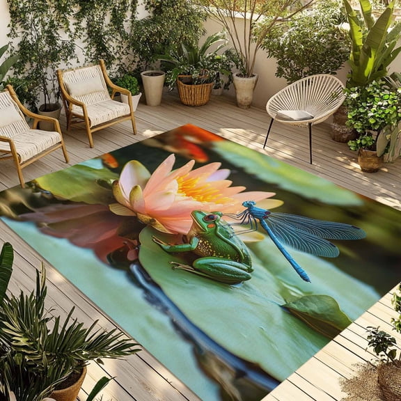 4' x 6' Outdoor Rug, Rustic Frog Dragonfly Outdoor Washable Rug Large Floor Carpet, Watercolor Lotus Botanical Non Shedding Area Rug for Outside Patio RV Porch Deck Balcony Camping Living Room