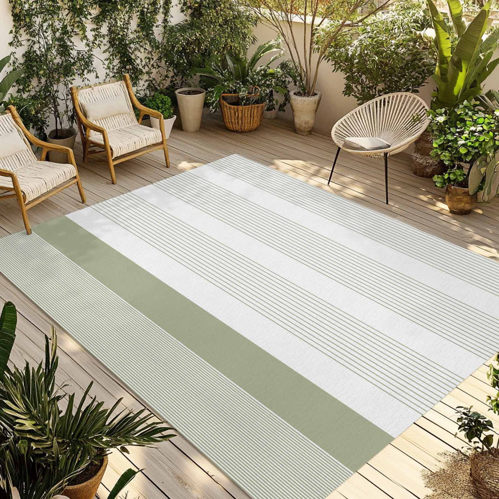 4' x 6' Outdoor Rug, Sage Green Stripe Outdoor Washable Rug Large Floor Carpet, Modern Rustic Horizontal Green Striped Non Shedding Area Rug for Outside Patio RV Porch Deck Balcony Camping