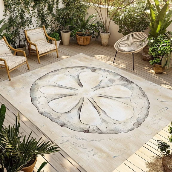 4' x 6' Outdoor Rug, Sand Dollar Coastal Outdoor Washable Rug Large Floor Carpet, Summer Beach Beige Sea Non Shedding Area Rug for Outside Patio RV Porch Deck Balcony Camping Living Room