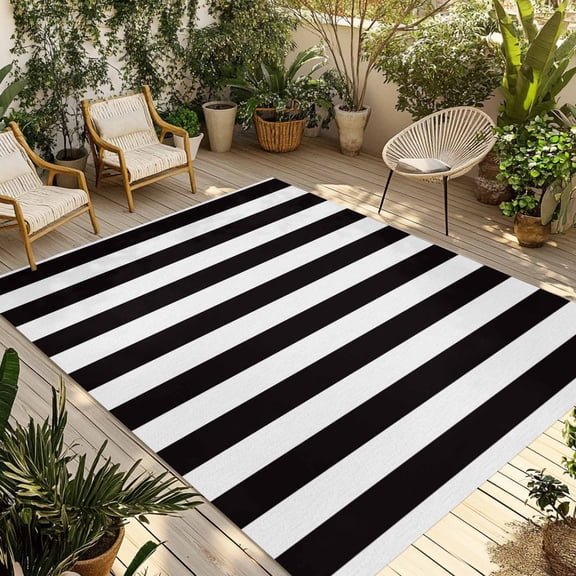4' x 6' Outdoor Rug, Simple Black White Stripes Outdoor Washable Rug Large Floor Carpet, Modern Stripes Non Shedding Area Rug for Outside Patio RV Porch Deck Balcony Camping Living Room