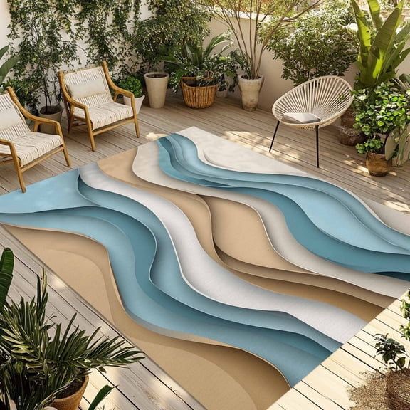 4' x 6' Outdoor Rug, Teal Beige Ombre Outdoor Washable Rug Large Floor Carpet, Abstract Geometric Modern Moire Non Shedding Area Rug for Outside Patio RV Porch Deck Balcony Camping Living Room
